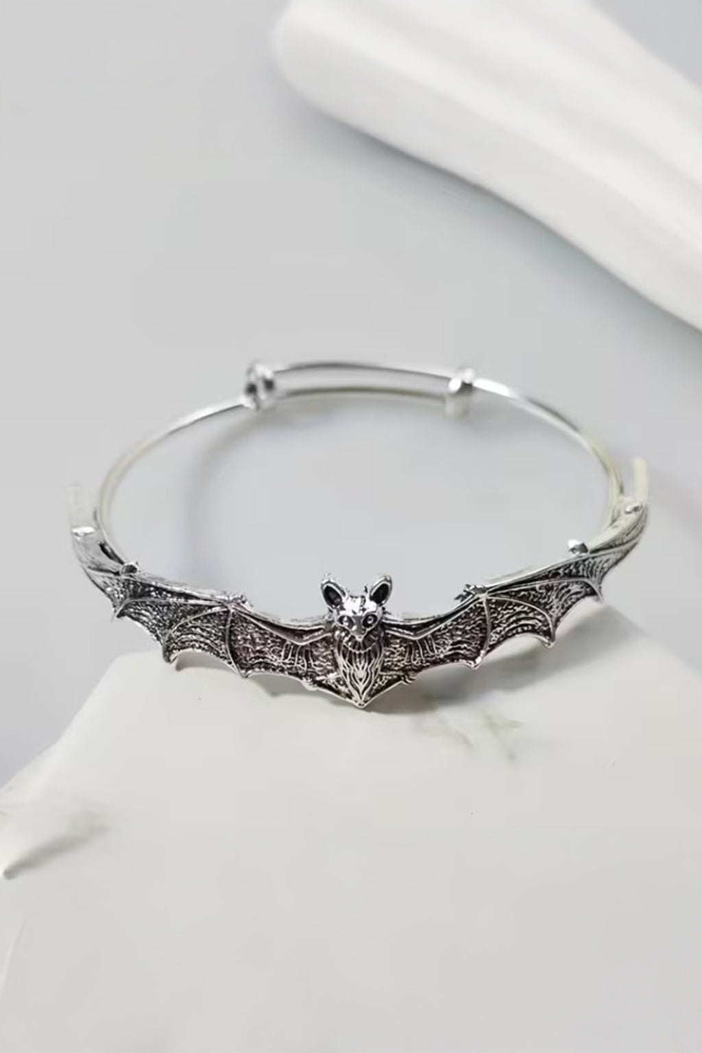 Gothic Silver Bat Bracelet – Adjustable Open Cuff Bangle, Vintage Bat Wing