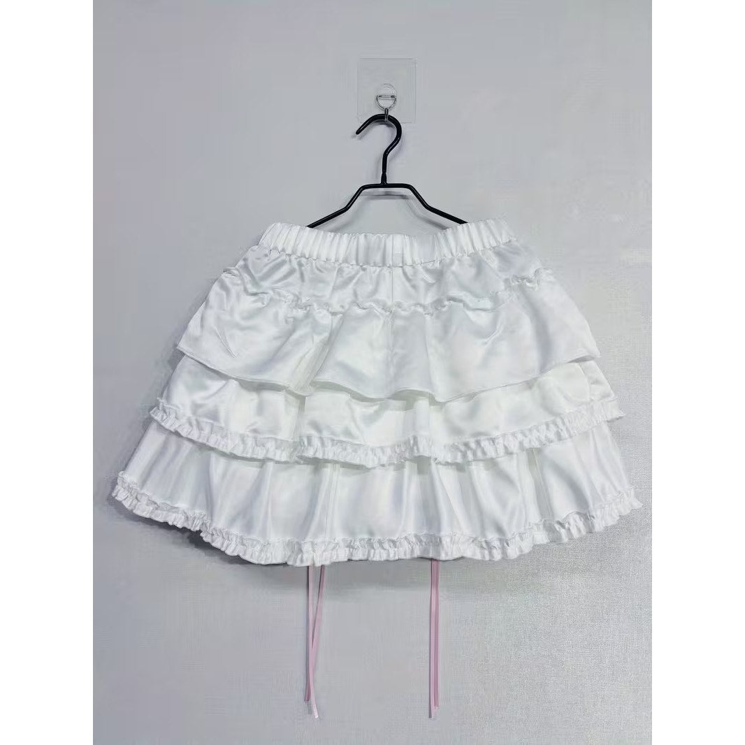 Korean K-pop Y2K White Satin Petticoat Style Layered Skirt w/ Pink Bows