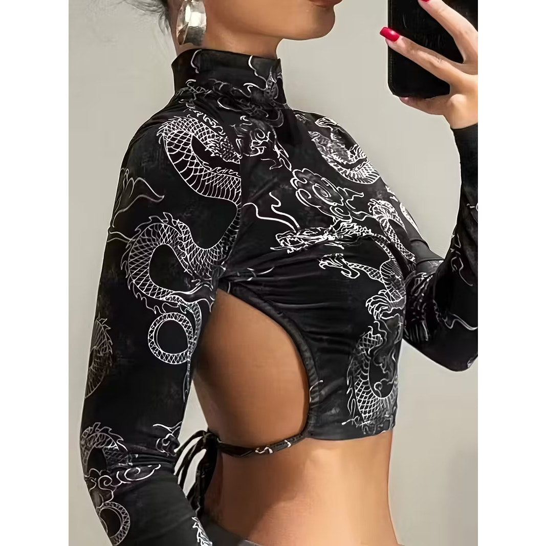 Women’s Black Dragon Oriental Print Chic Streetwear Cutout Crop Top