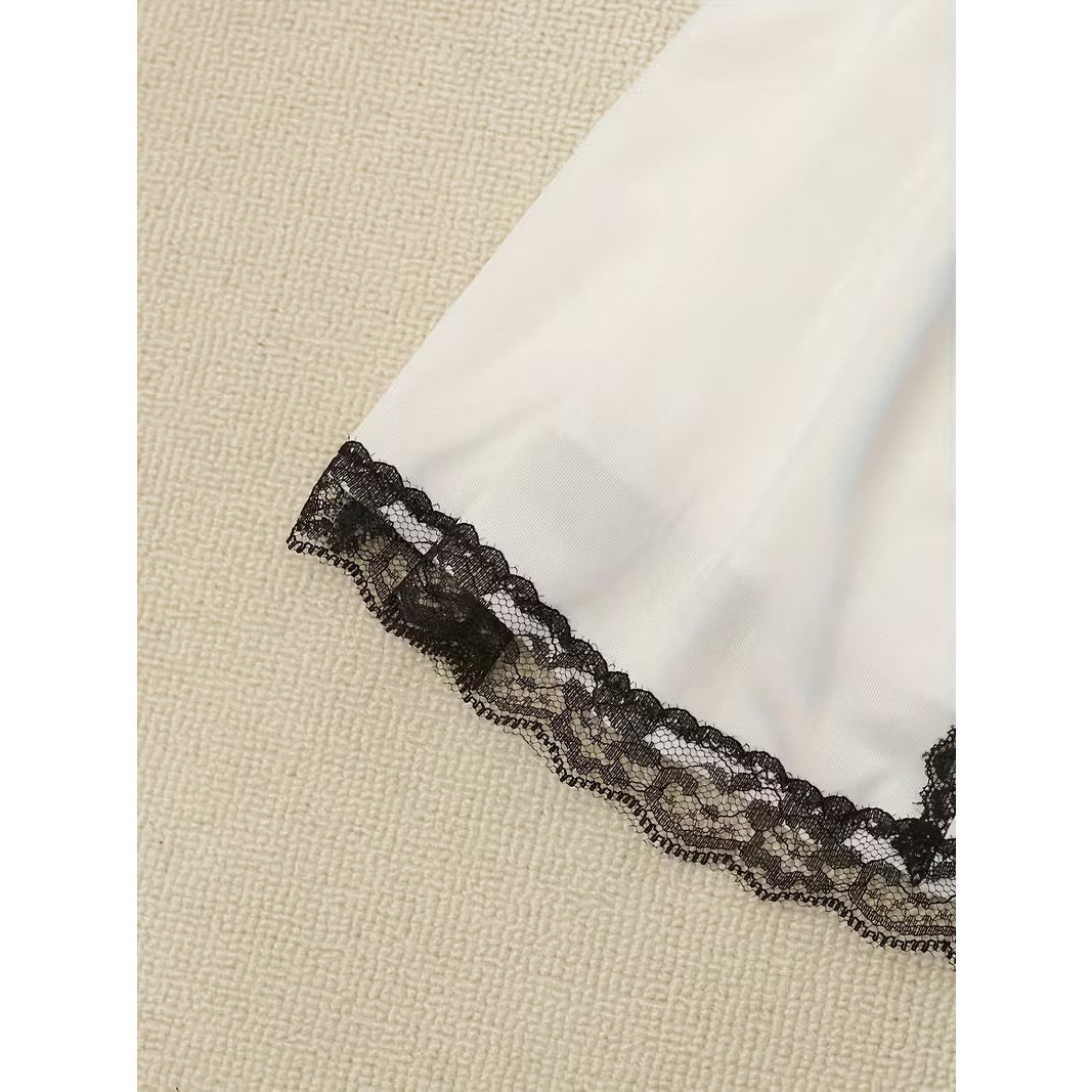 Cute, Sexy White Lingerie Slip dress, Nightdress w/ Black Lace Trim w/ Bows