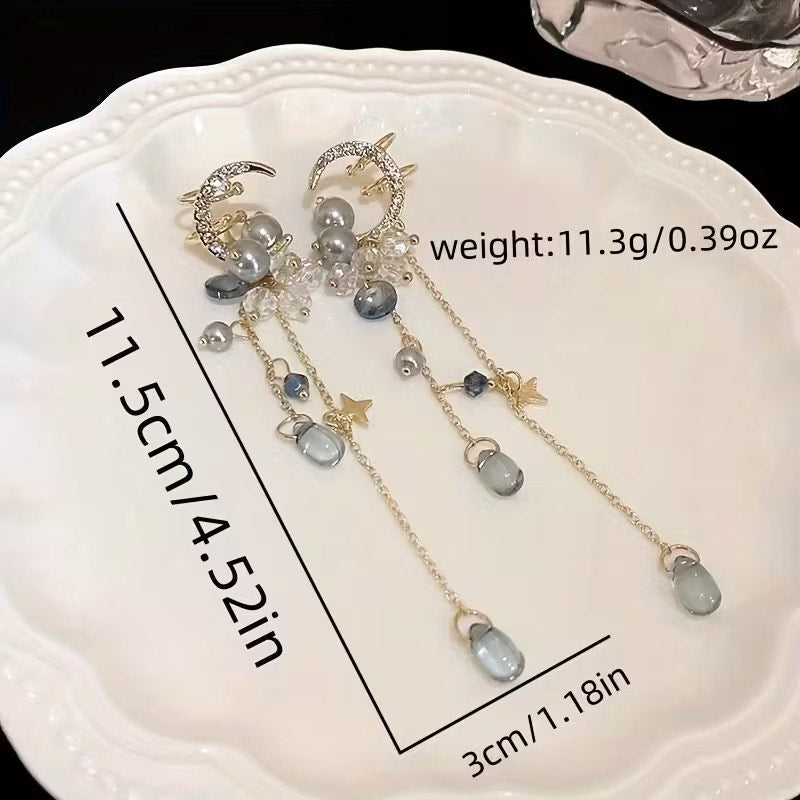 Elegant Celestial jeweled crescent moon Dangling No Pierce Ear Cuff Earrings