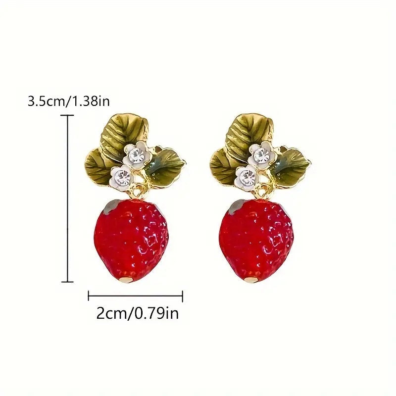 Strawberry Drop Earrings – Cute Enamel Fruit Earrings with Leaf