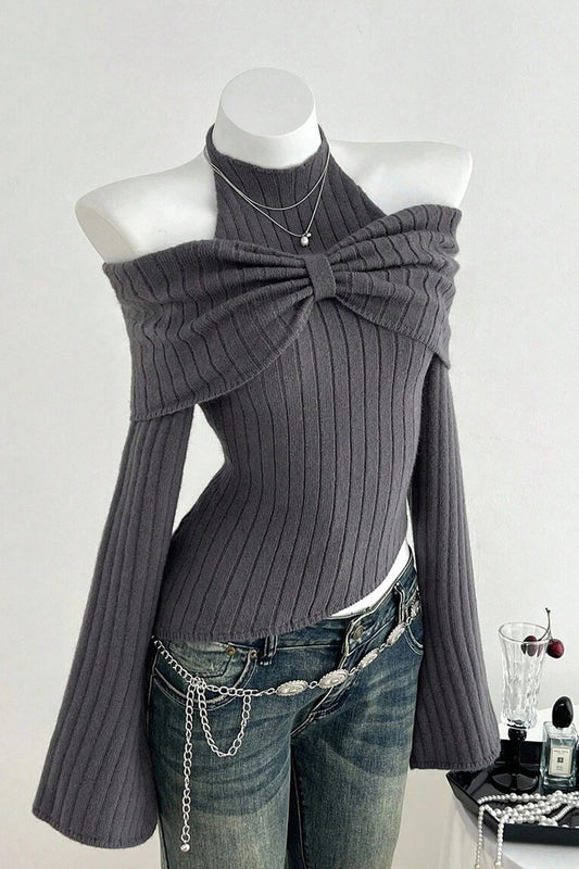 Dark Grey Ribbed Knit Halter Off-Shoulder Sweater Top w/ Bow Detail - XXL