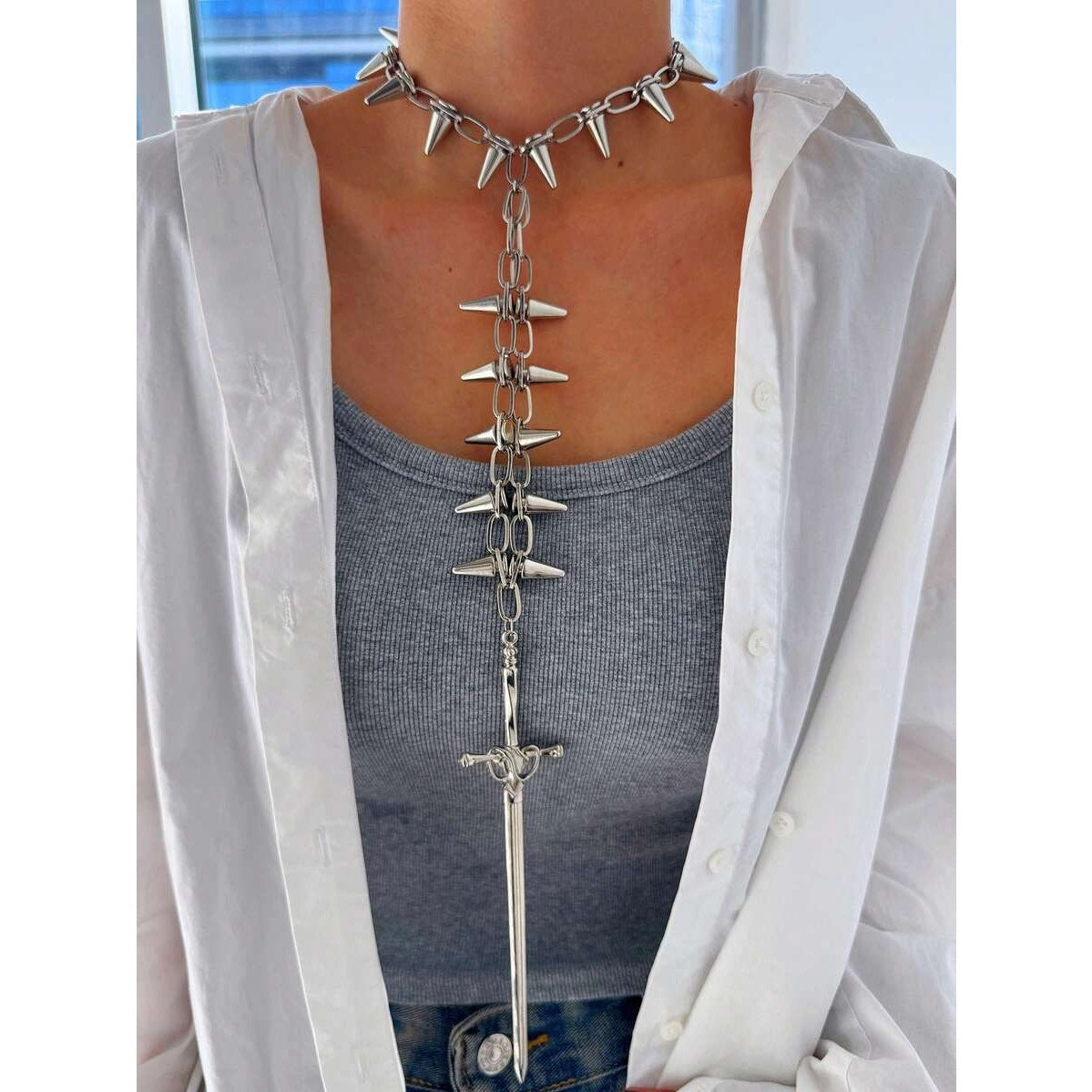 Punk Gothic Spike Choker Necklace with Sword | Adjustable Stainless Steel Chain