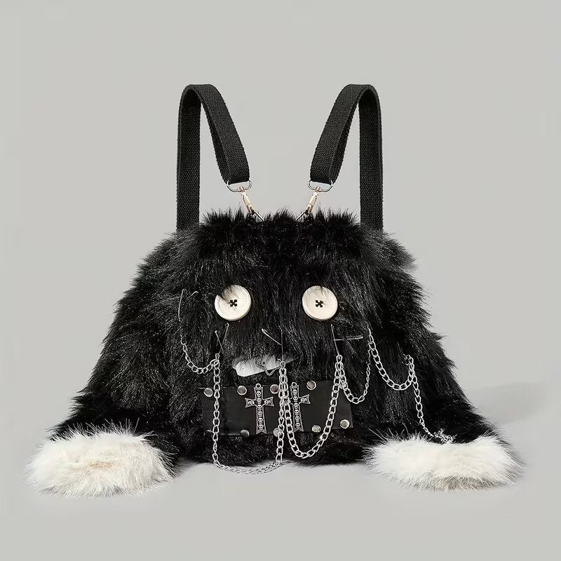 Goth Emo Punk Alt Black Fuzzy Rabbit Mini Backpack Crossbody Convertible Purse