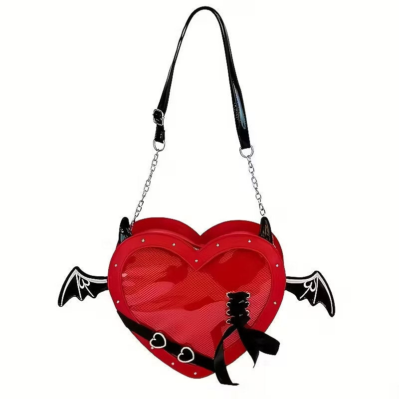 Gothic Heart Ita Bag with Bat Wings PU Leather Crossbody Purse