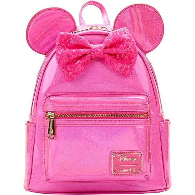 Loungefly Disney Minnie Mouse Hot Pink Holographic + Sequin Bow Mini Backpack