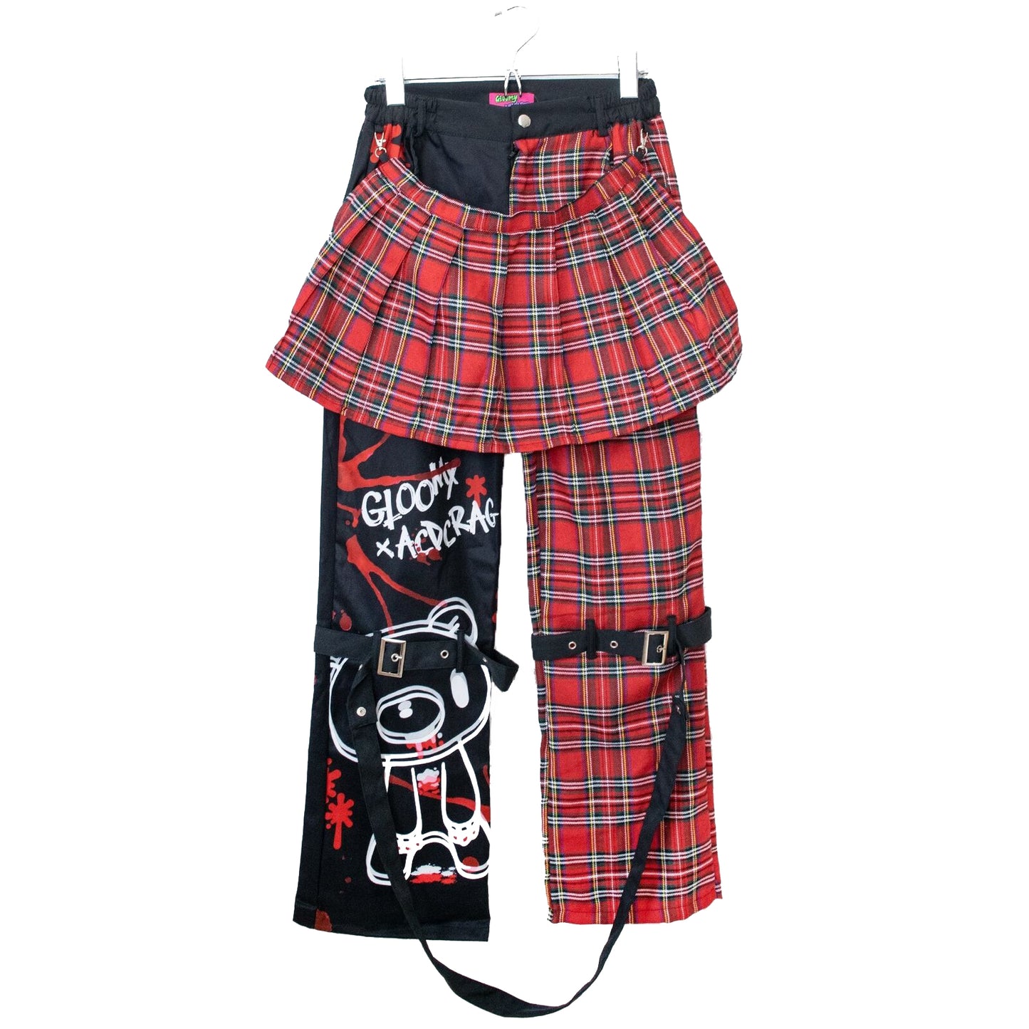 Gloomy Bear Red & Black Plaid Strappy Punk Rock, Emo, Rave faux Skirt Pants