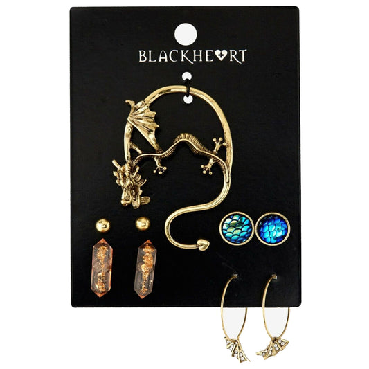 Blackheart Gold Toned Dragon Ear Cuff & 4 earrings set faux Amber, Scales, Wings