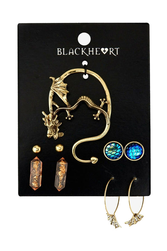 Blackheart Gold Toned Dragon Ear Cuff & 4 earrings set faux Amber, Scales, Wings
