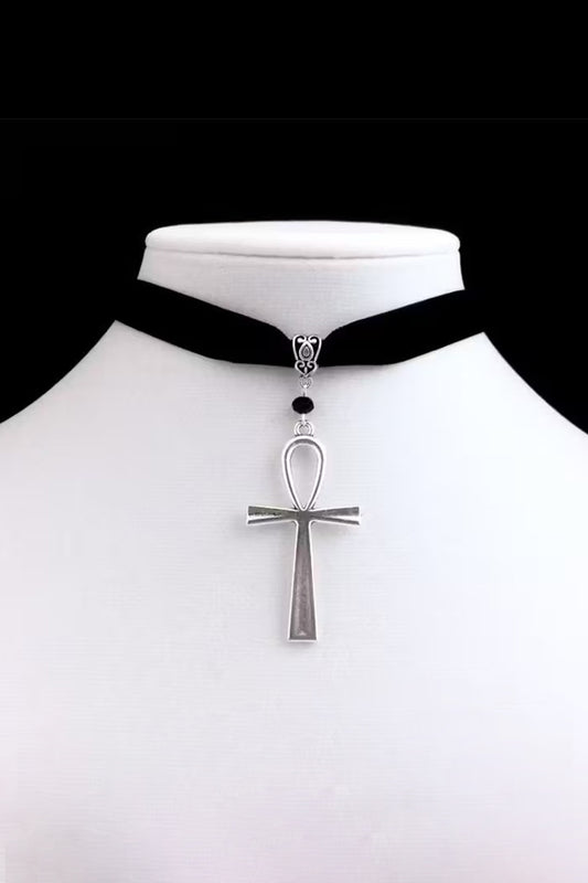 Goth Gothic Egyptian Black velvet Ankh Cross Choker Necklace