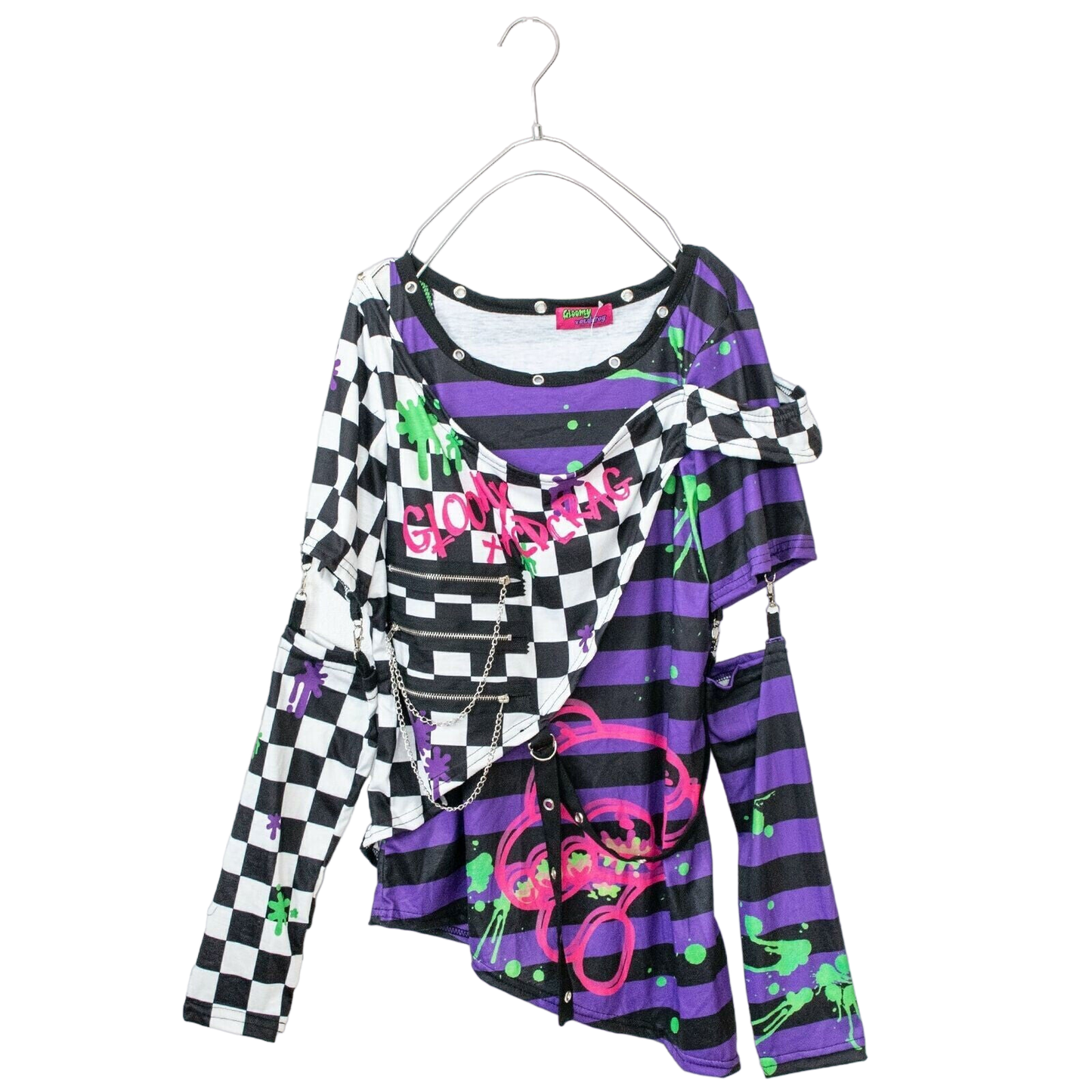 Gloomy Bear Goth Emo Punk Purple & Checkered Punk Raver Shredded Top Small, S