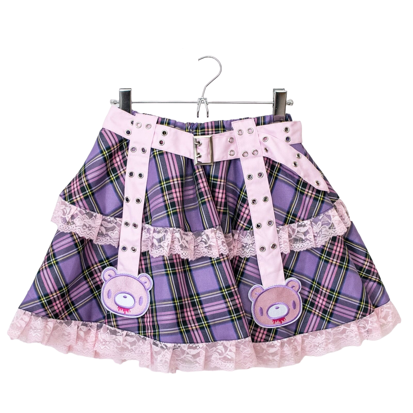 Gloomy Bear Pink & Purple Checkered Punk Rock, Emo, Rave Skirt