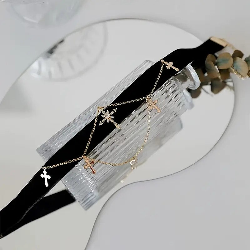 Gothic Black Velvet Cross Choker Necklace – Layered Gold Chain