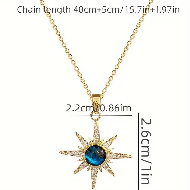 Celestial Gold & Blue Sky Stone Sunburst Star Charm Chain Pendant Necklace
