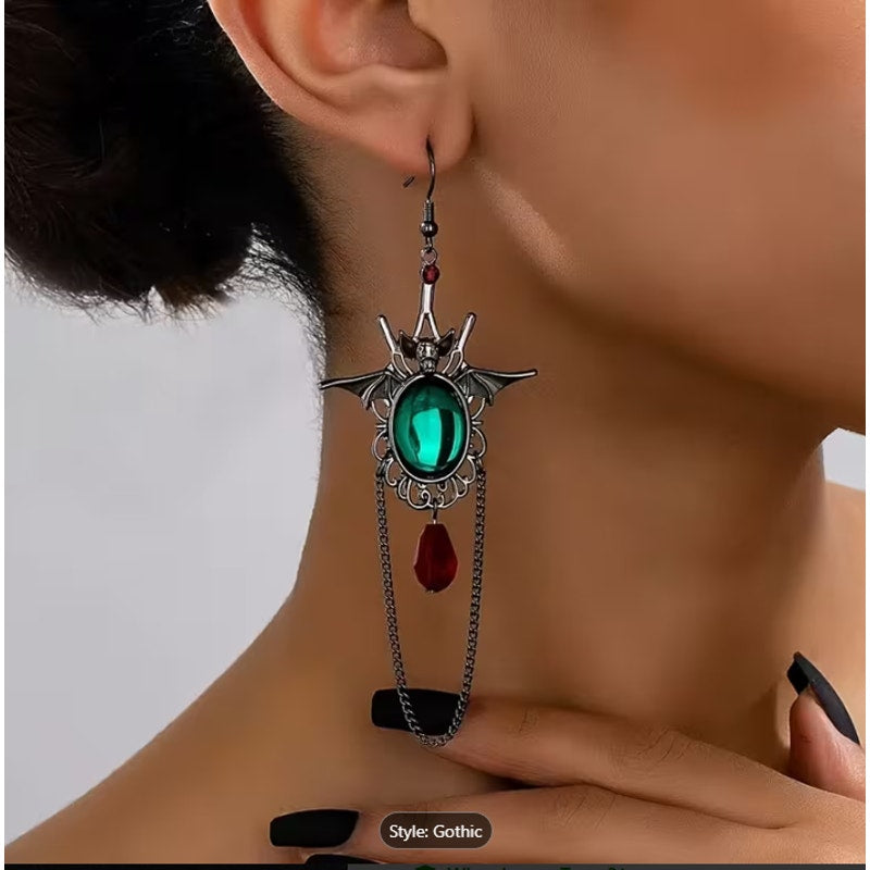 Gothic Bat Dangle Earrings Green Gem Red Drop Chain Halloween Vampire Jewelry