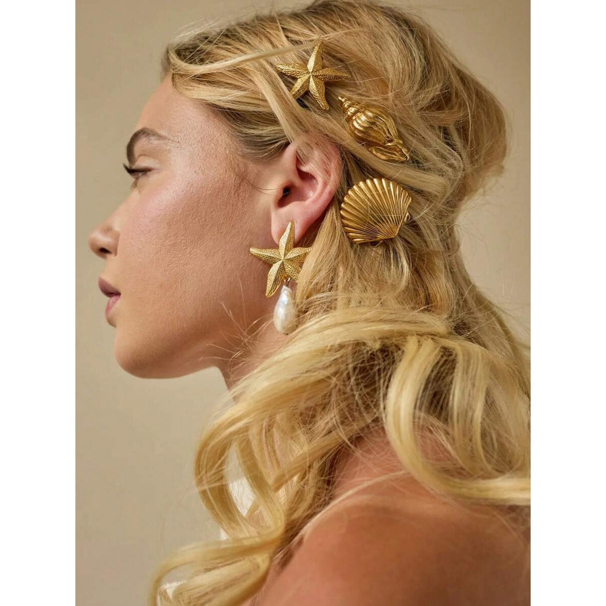 3x Gold Mermaid Beach Seashell Metal Hair Barrettes Clips Set Starfish Shell