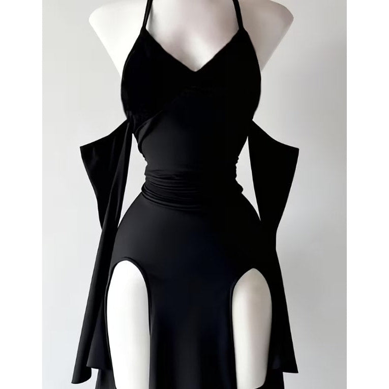 Dark Gothic Style Halter Neck Dress High Slit Cutout Gothic Evening Gown