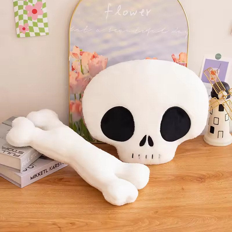 Emo Goth Kawaii Cute Skull & Bone Plush Toy, Pillow, Decoration 2 Pcs Set