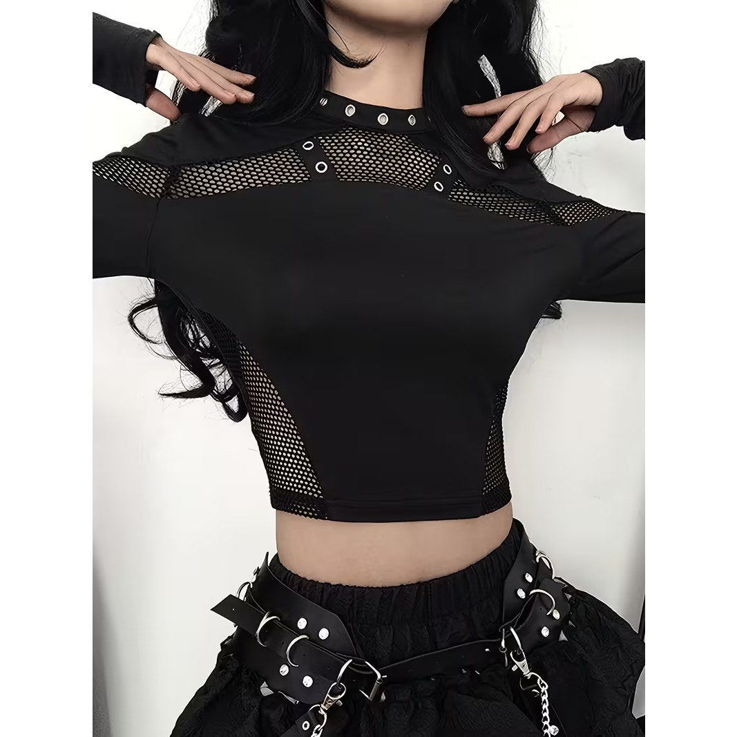 Gothic, Goth Emo Punk Rave Black Rivet Fishnet Mesh Long Sleeve Crop Top