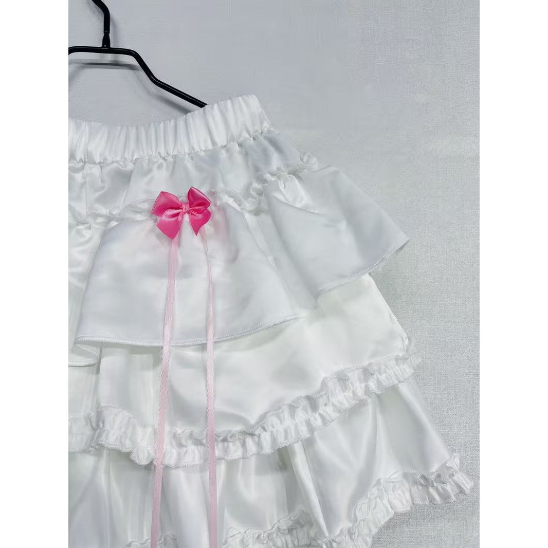 Korean K-pop Y2K White Satin Petticoat Style Layered Skirt w/ Pink Bows