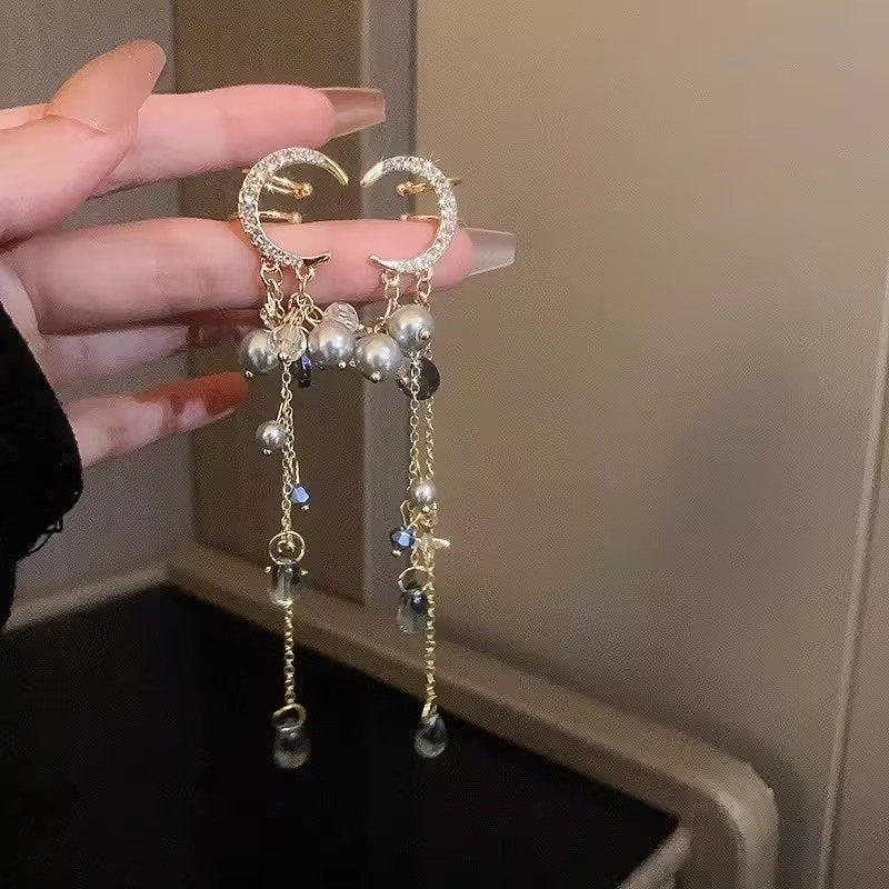 Elegant Celestial jeweled crescent moon Dangling No Pierce Ear Cuff Earrings