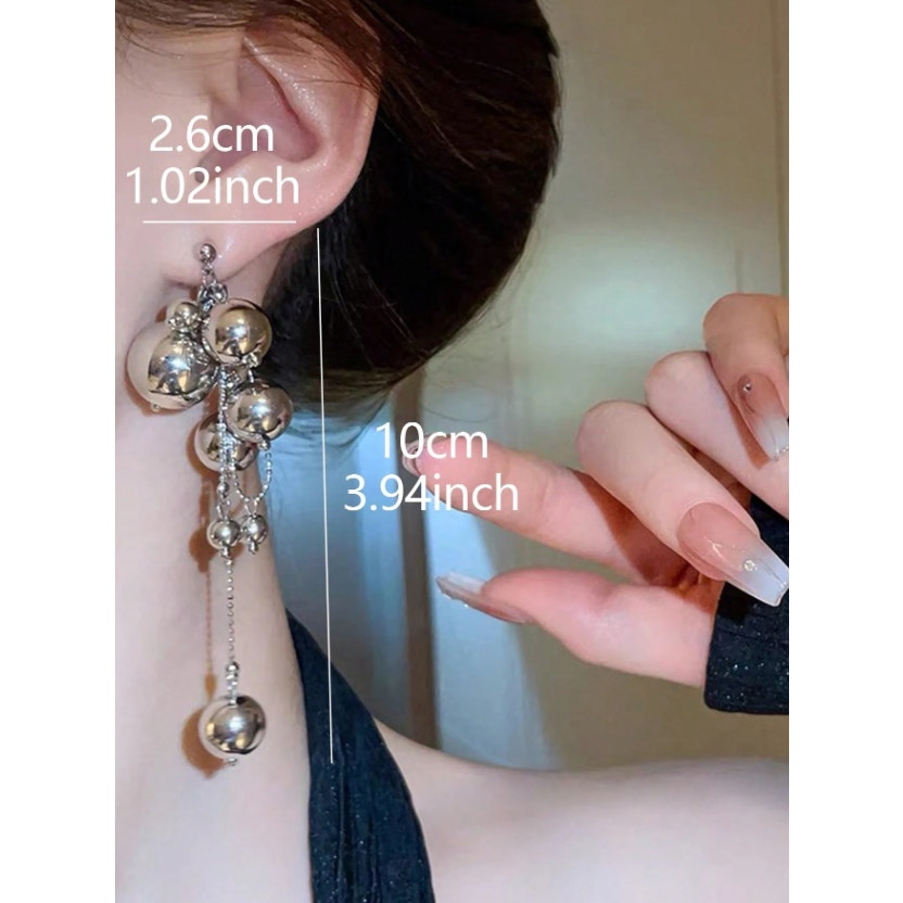 Silver Tone Statement Drop Earrings – Multi Ball Chain Dangle Earrings