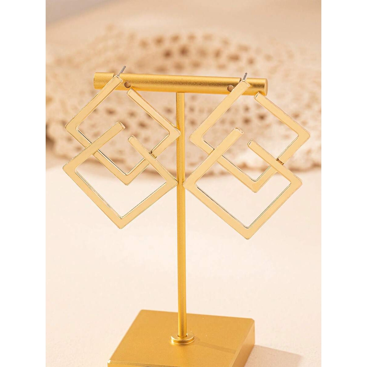 Modern Gold Geometric Double Square Statement Earrings – Metal Drop Earrings