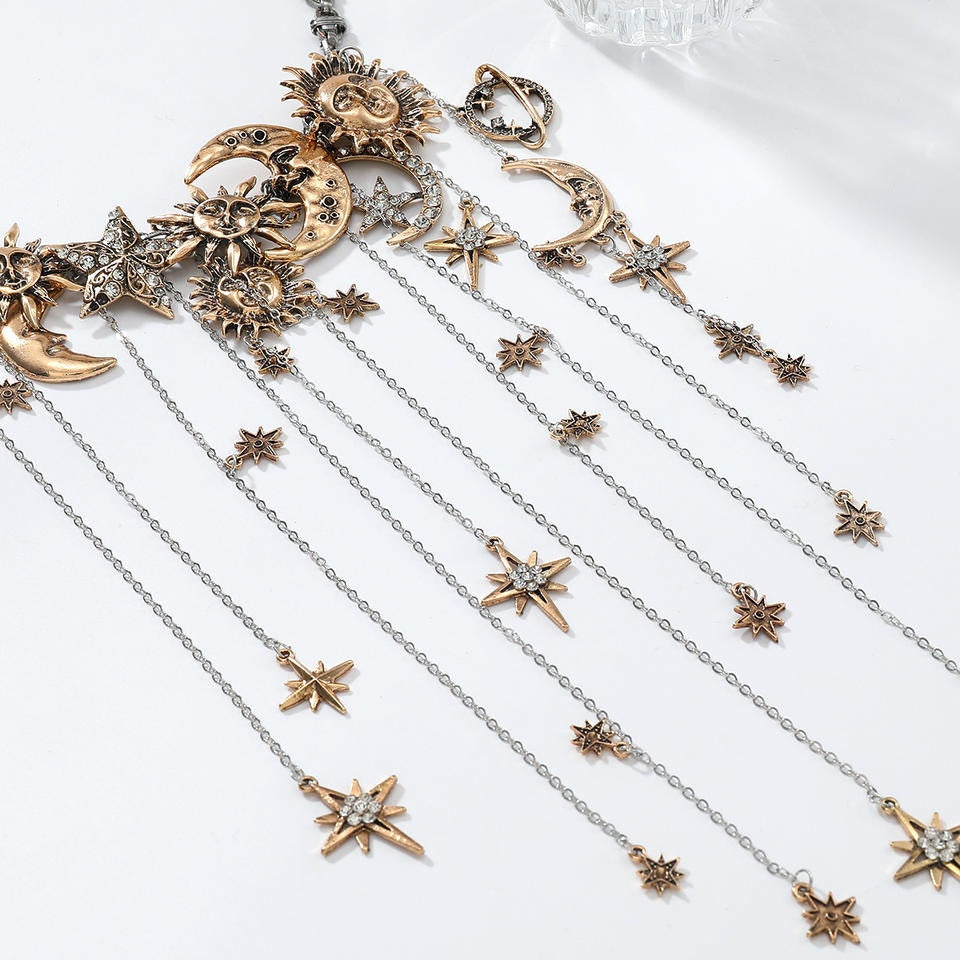 Mystic Celestial Sun Moon Star Silver/Gold Tone Large Statement Necklace