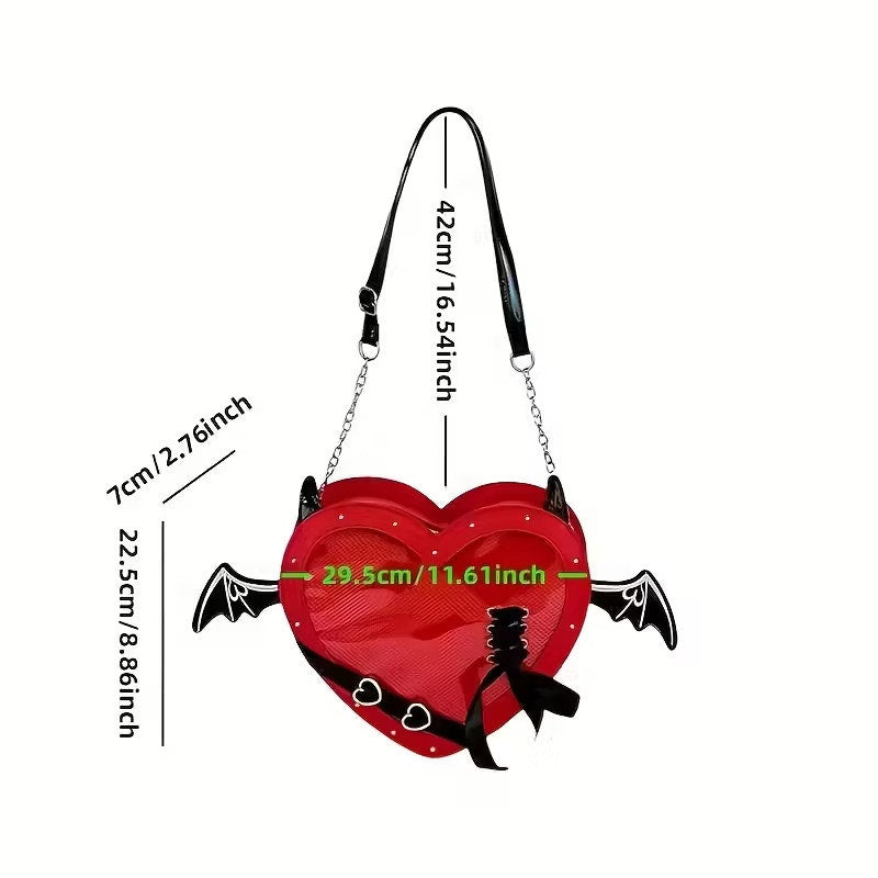 Gothic Heart Ita Bag with Bat Wings PU Leather Crossbody Purse