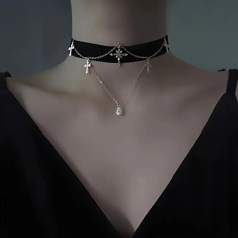 Gothic Black Velvet Cross Choker Necklace – Layered Gold Chain