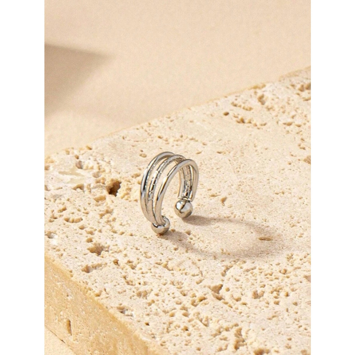 Silver Triple Band Fake Lip Ring – Adjustable Clip-On Piercing Jewelry