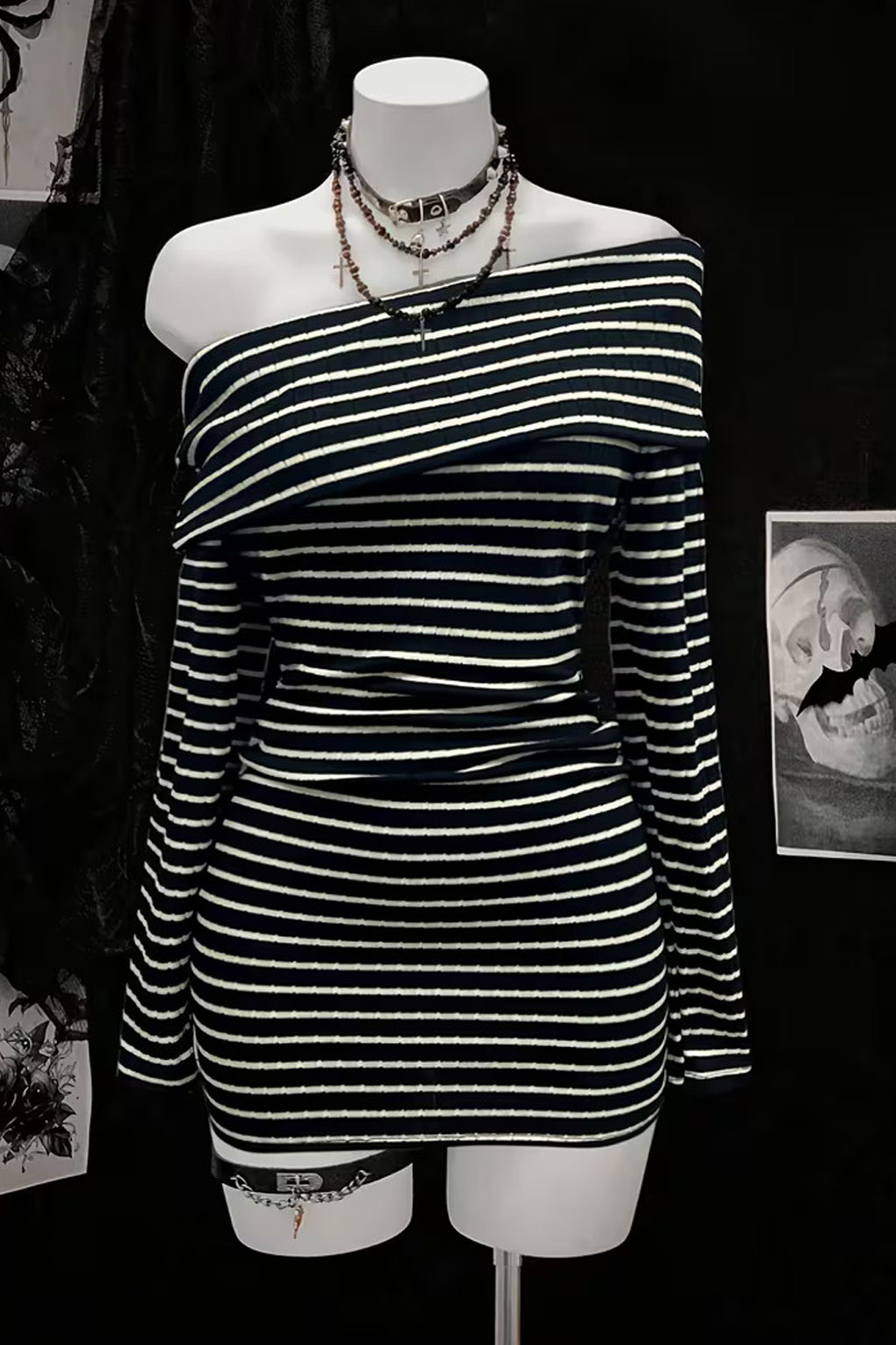 Emo Egirl E-girl Y2k Asymmetrical Modern Bodycon Stripe Dress Black/White