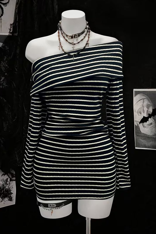 Emo Egirl E-girl Y2k Asymmetrical Modern Bodycon Stripe Dress Black/White