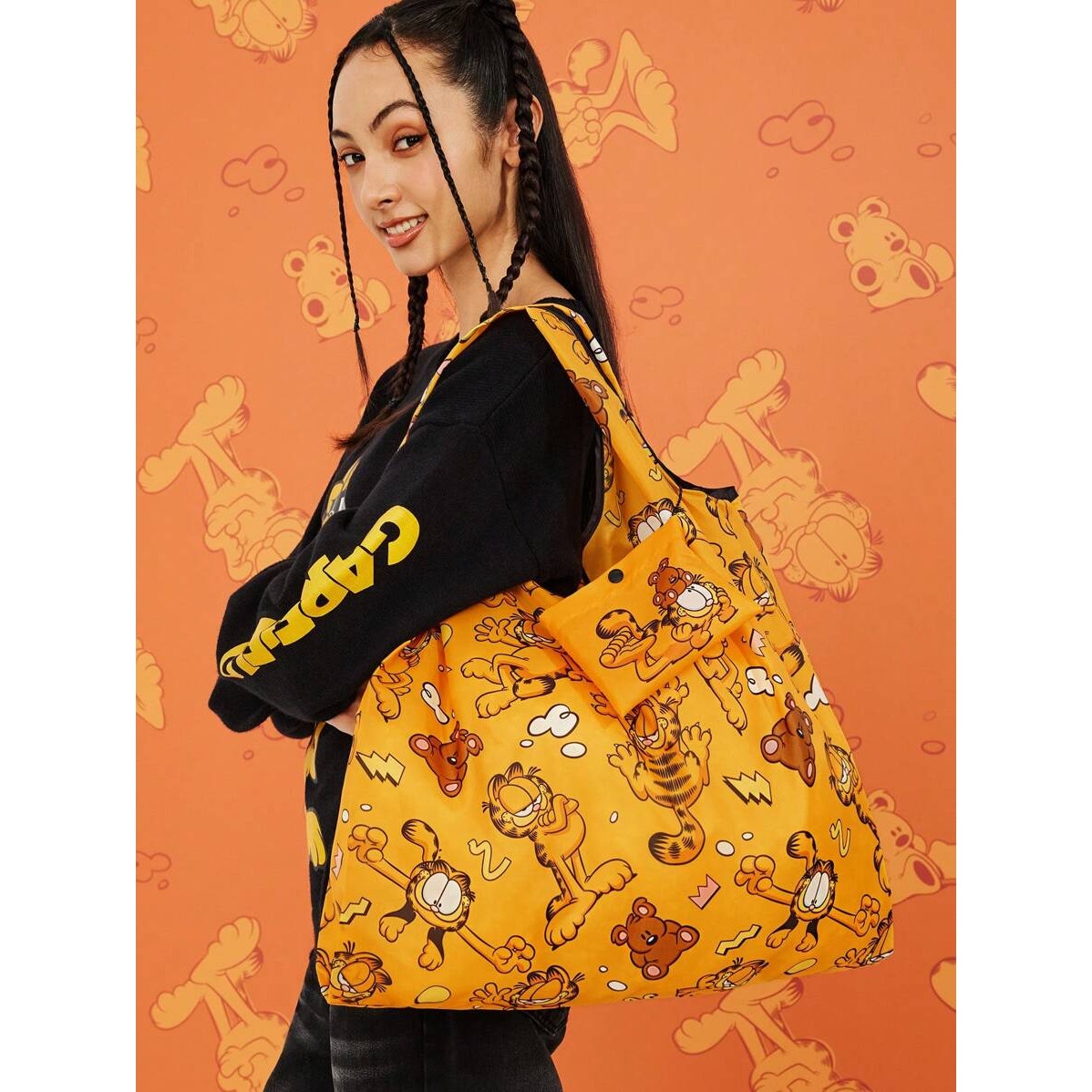 Garfield Foldable Reusable Tote Bag – Orange Eco Shopping Bag with Matching Pouch, 58x44cm