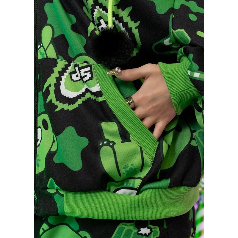 Mori Chack Gloomy Bear Oversize Green & Black Street Wear Zip Up Hoodie XL
