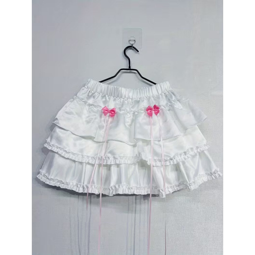 Korean K-pop Y2K White Satin Petticoat Style Layered Skirt w/ Pink Bows