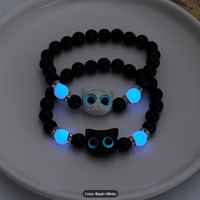 Glow-in-the-Dark Cat Couple Bracelets – Black & White Matching Beaded Set