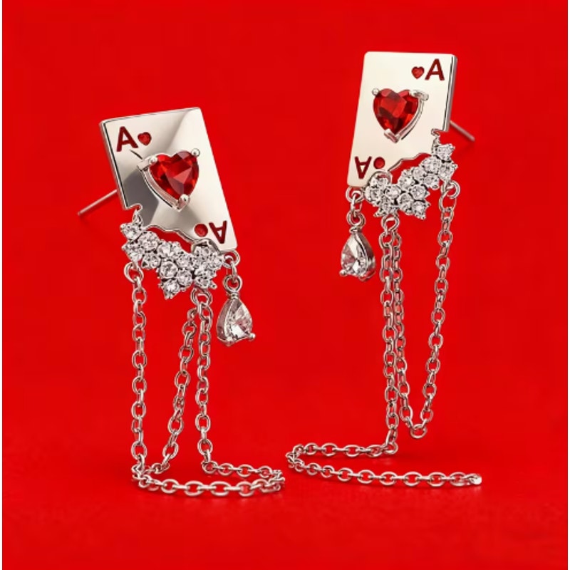 Ace of Hearts Earrings Red Crystal Chain Dangle Playing Card Jewelry Statement