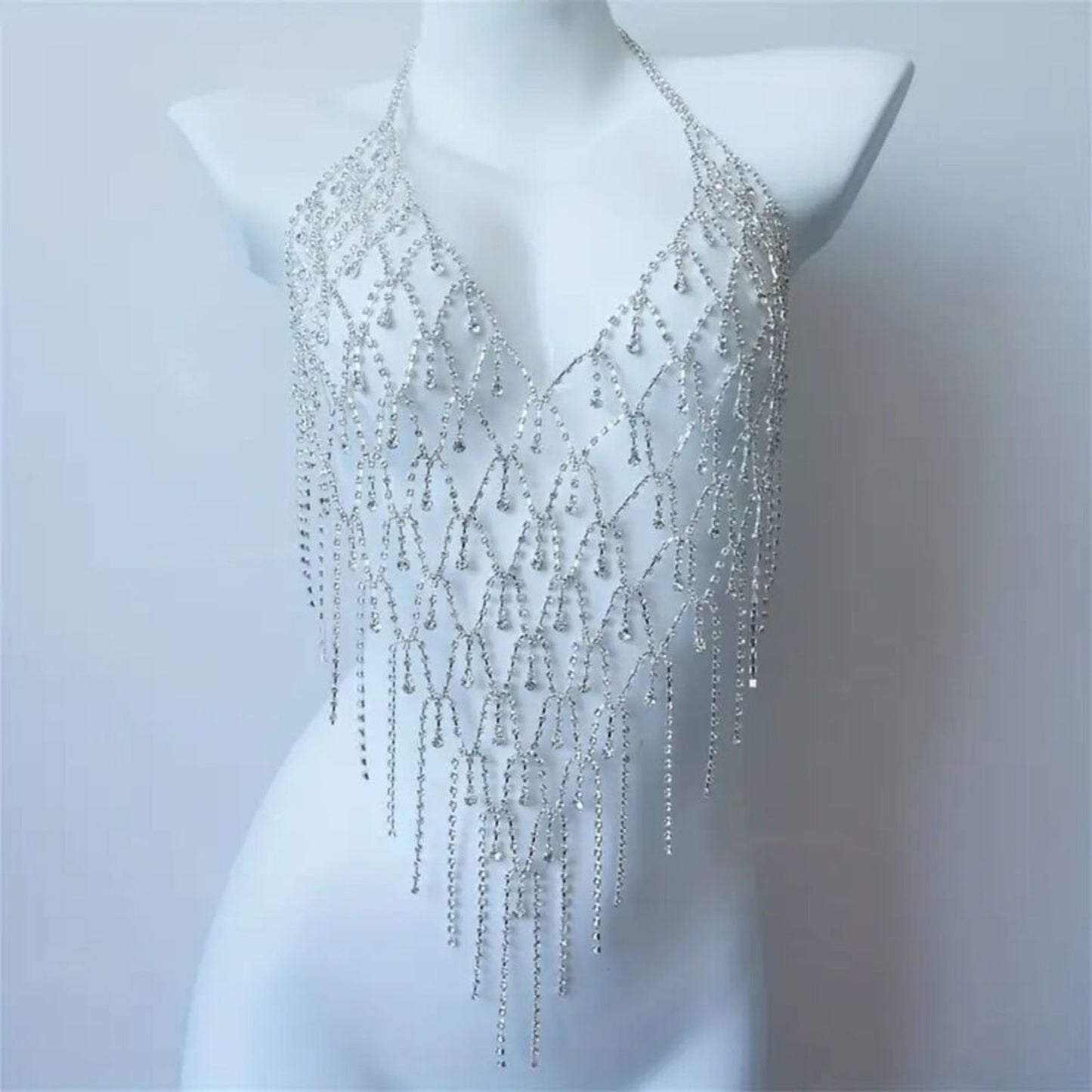 Crystal Silver Rhinestone Jewelry for Cub, Rave & Festivals Body Chain Top