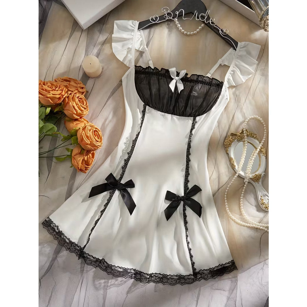 Cute, Sexy White Lingerie Slip dress, Nightdress w/ Black Lace Trim w/ Bows