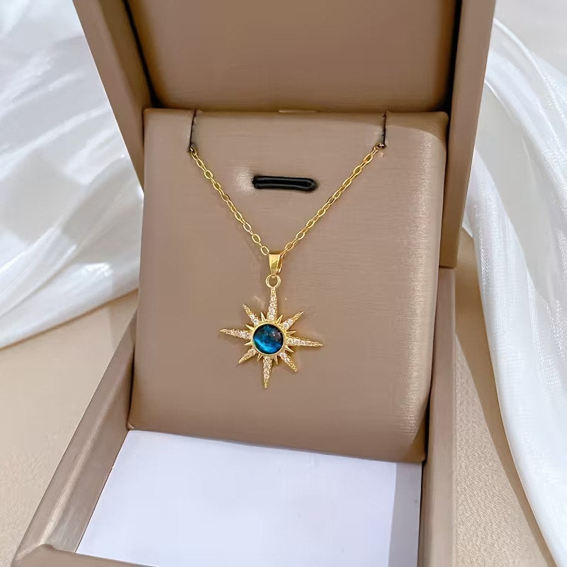 Celestial Gold & Blue Sky Stone Sunburst Star Charm Chain Pendant Necklace