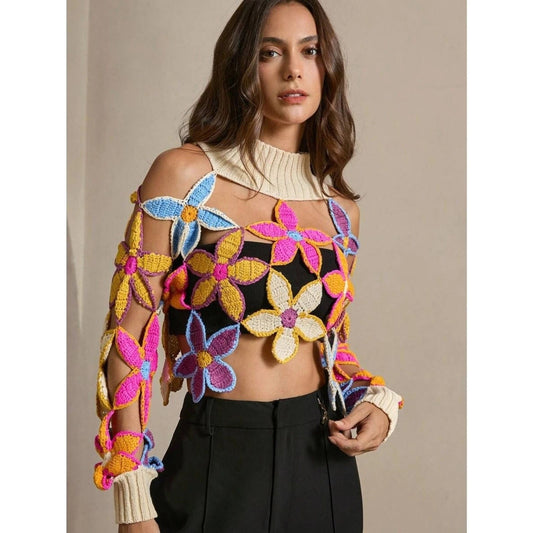 Boho Chic Design Crochet Floral Cutout Sweater – Knit Top with High Neck, L