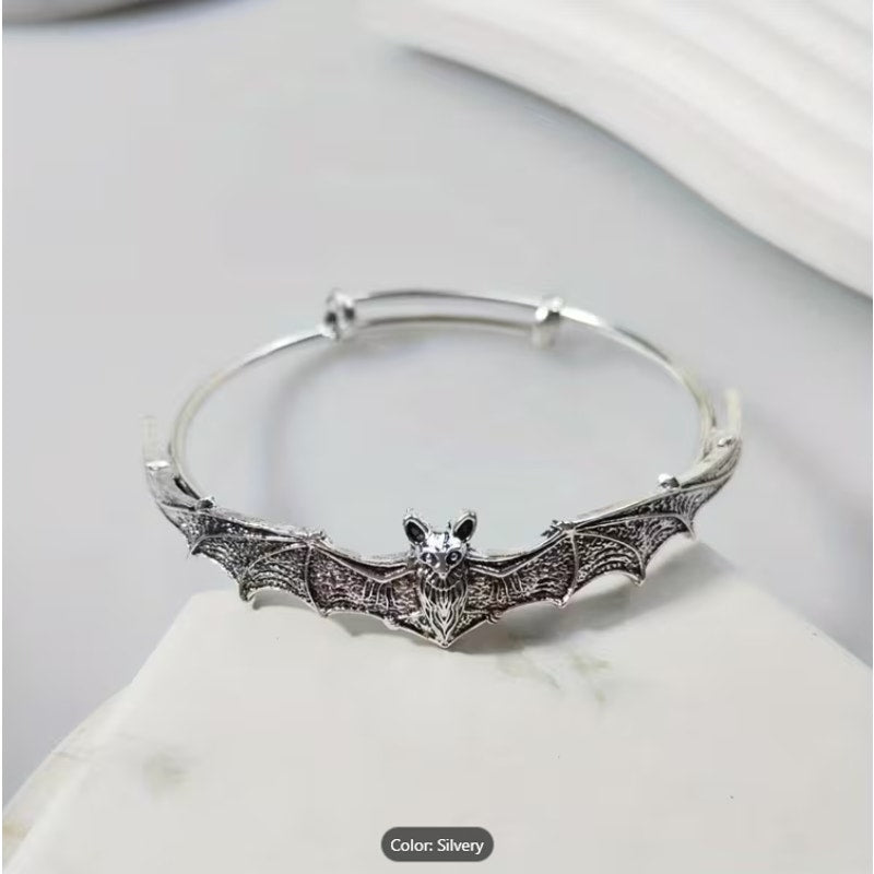 Gothic Silver Bat Bracelet – Adjustable Open Cuff Bangle, Vintage Bat Wing