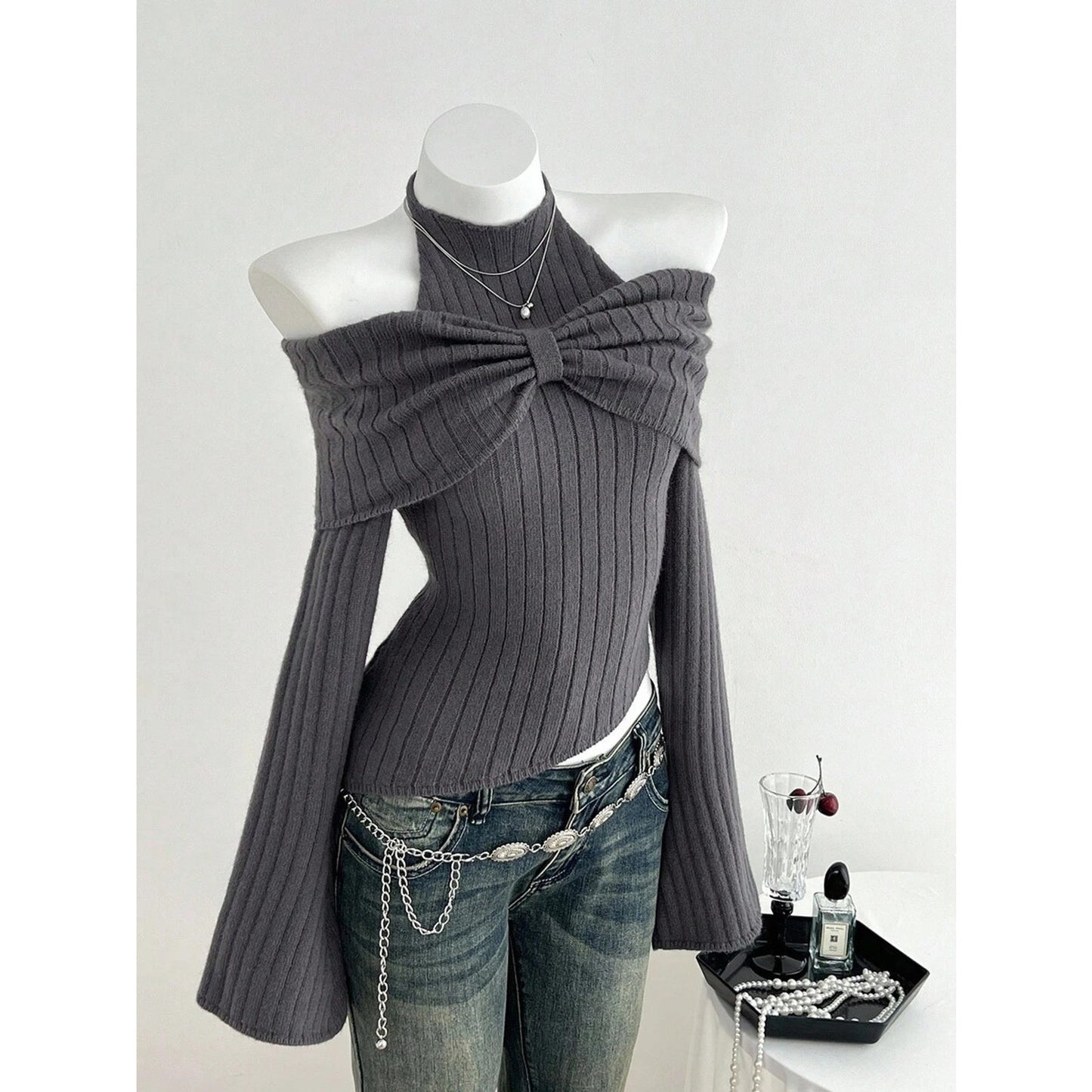 Women’s Ribbed Knit Halter Off-Shoulder Sweater Top w/ Bow Detail