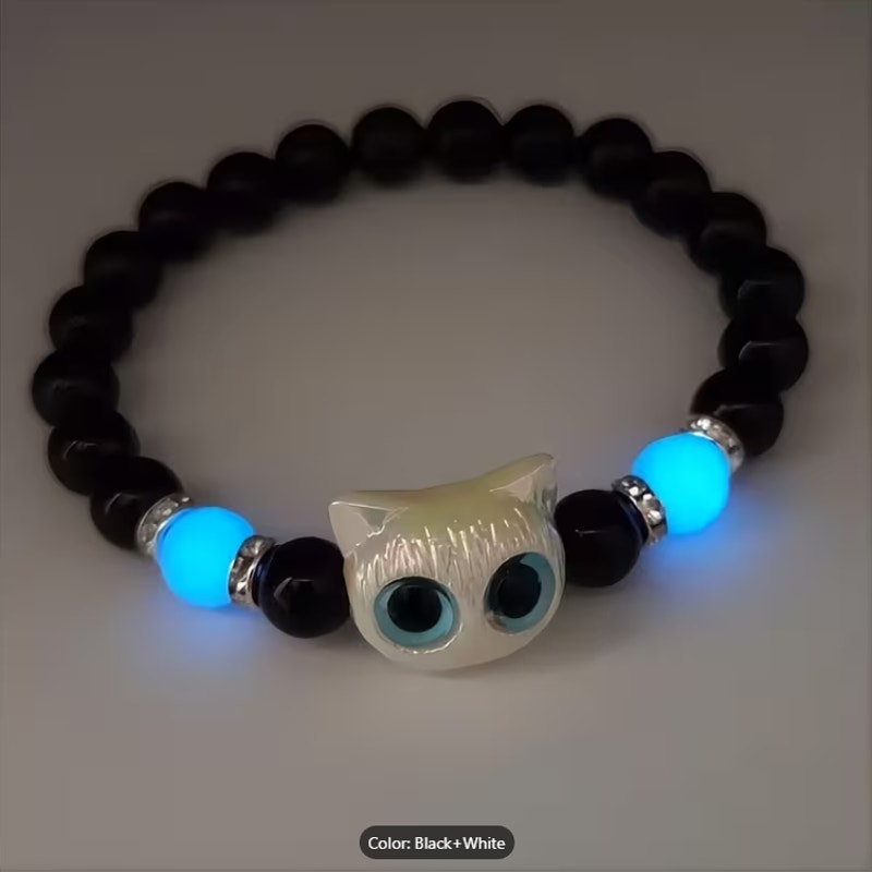 Glow-in-the-Dark Cat Couple Bracelets – Black & White Matching Beaded Set