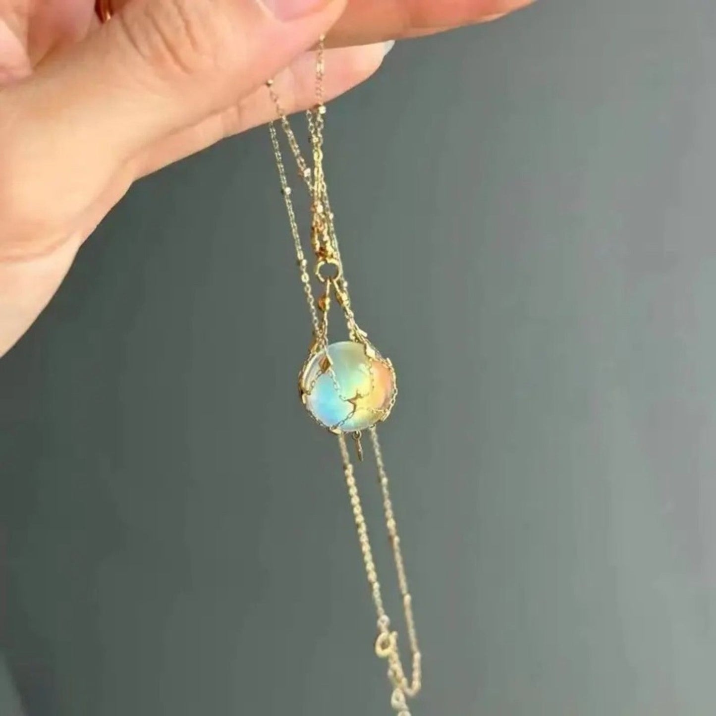Galaxy Opal Orb Pendant Necklace – Gold Celestial Chain with Star Accents