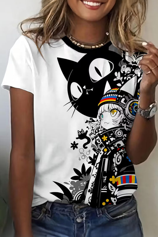 Anime Style Graphic T-Shirt, Cyber Kawaii Girl & Black Cat Art Tee, Streetwear