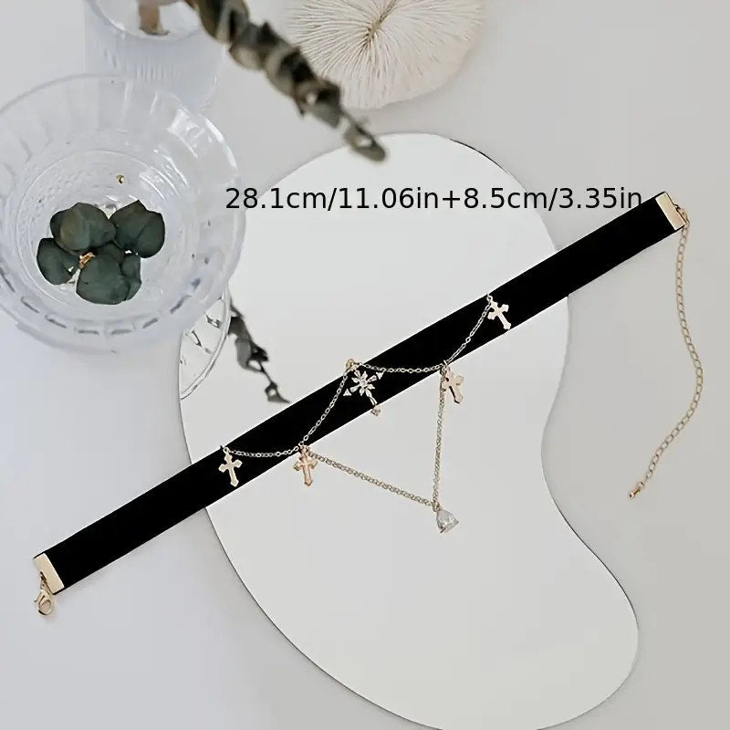 Gothic Black Velvet Cross Choker Necklace – Layered Gold Chain