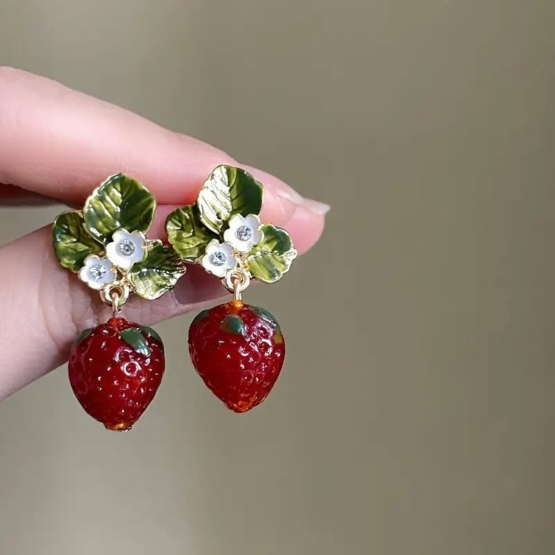 Strawberry Drop Earrings – Cute Enamel Fruit Earrings with Leaf